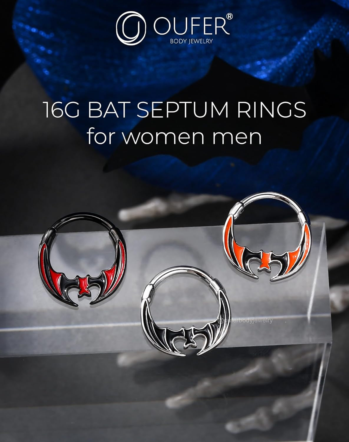 Orange Black Red Bat Segment Ring 16G 10MM – Gothic Halloween Clicker Hoop for Septum, Daith, Conch – Surgical Steel Non-Dangle Nose Jewelry