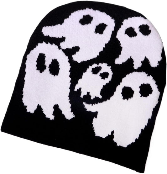 Y2K Beanie for Teenager Halloween Grunge Knitted Skull Cap Ghost Slouchy Emo Crochet Accessories Warm Winter Hat
