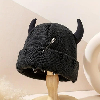 Gothic Devil Horn Knitted Beanies for Women Men Y2K Funny Crochet Skull Hat Warm Winter Cap Halloween Accessories