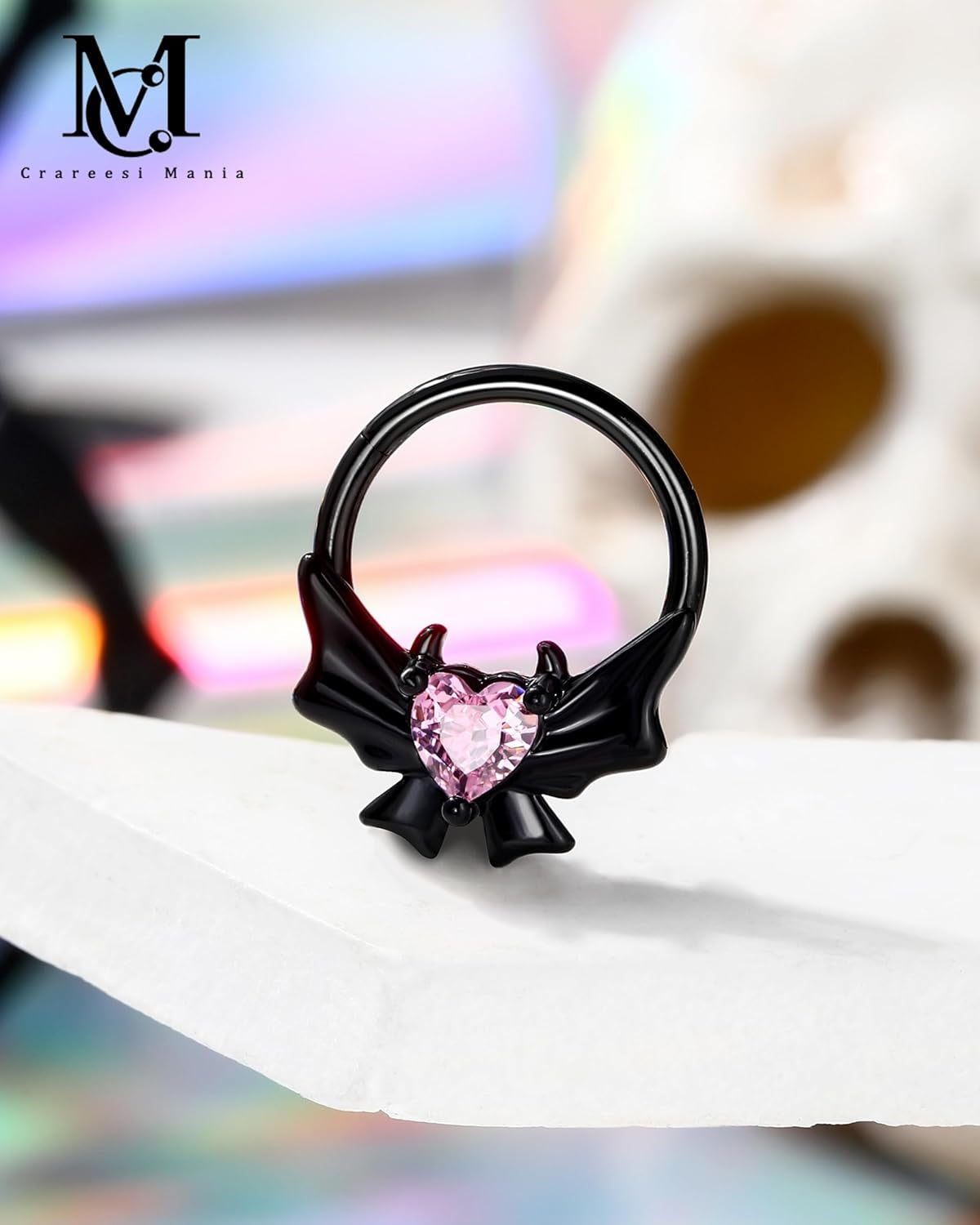 Heart Devil Septum Ring 316L Stainless Steel Gothic Cutie Demon Septum Piercing Jewelry 16G Blackpink Daith Earrings with Black Bow for Women