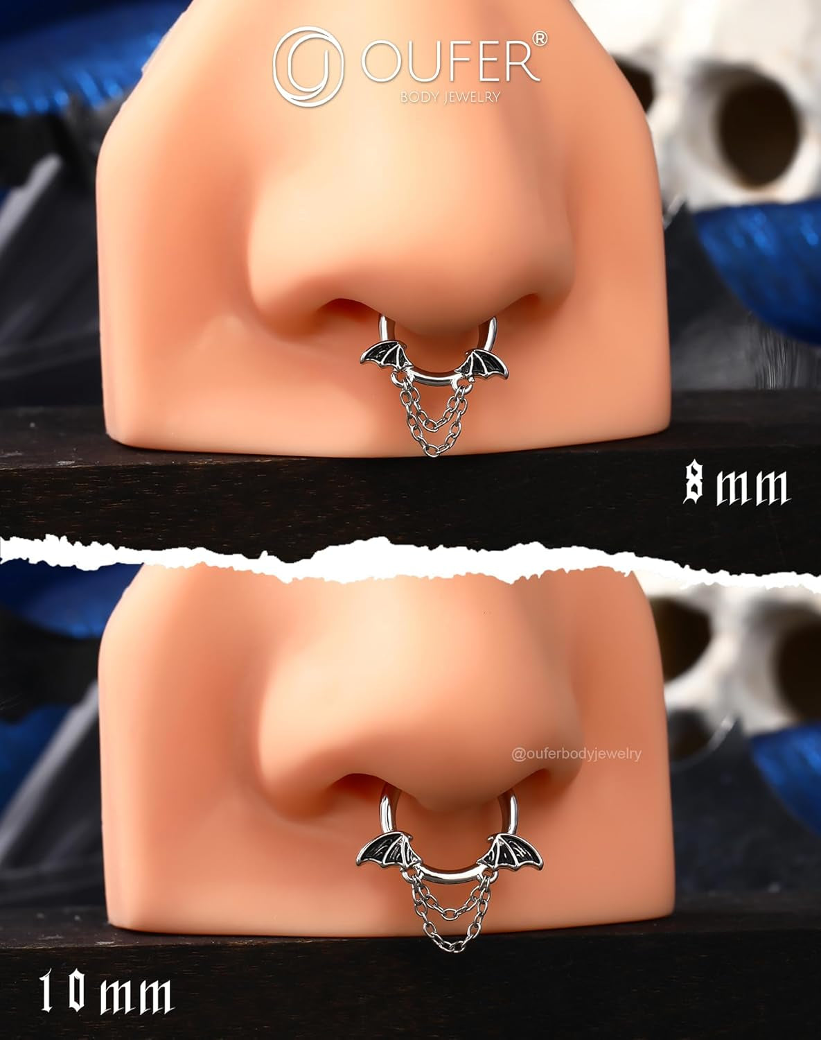 16G Halloween Septum Ring Bat Wing Chain Piercing Jewelry | Gothic Stainless Steel Nose Hoop for Women Men | 8MM 10MM Segment Ring for Vampire Cosplay