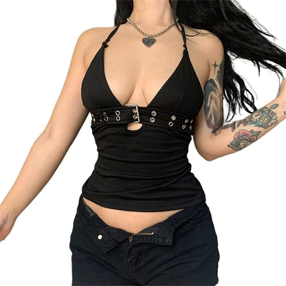 Sexy Punk Rock Halter Tank Tops for Women V Neck Goth Backless Tie Back Summer Y2K Gothic Buckle 70S Disco Tops