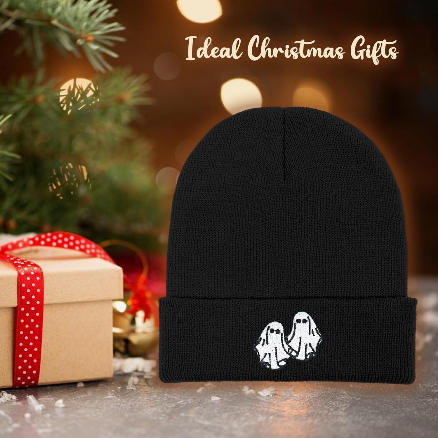 Ghost Beanie Hat Black, Cute Funny Goth Embroidery Winter Knit Skull Cap for Adult Men Women