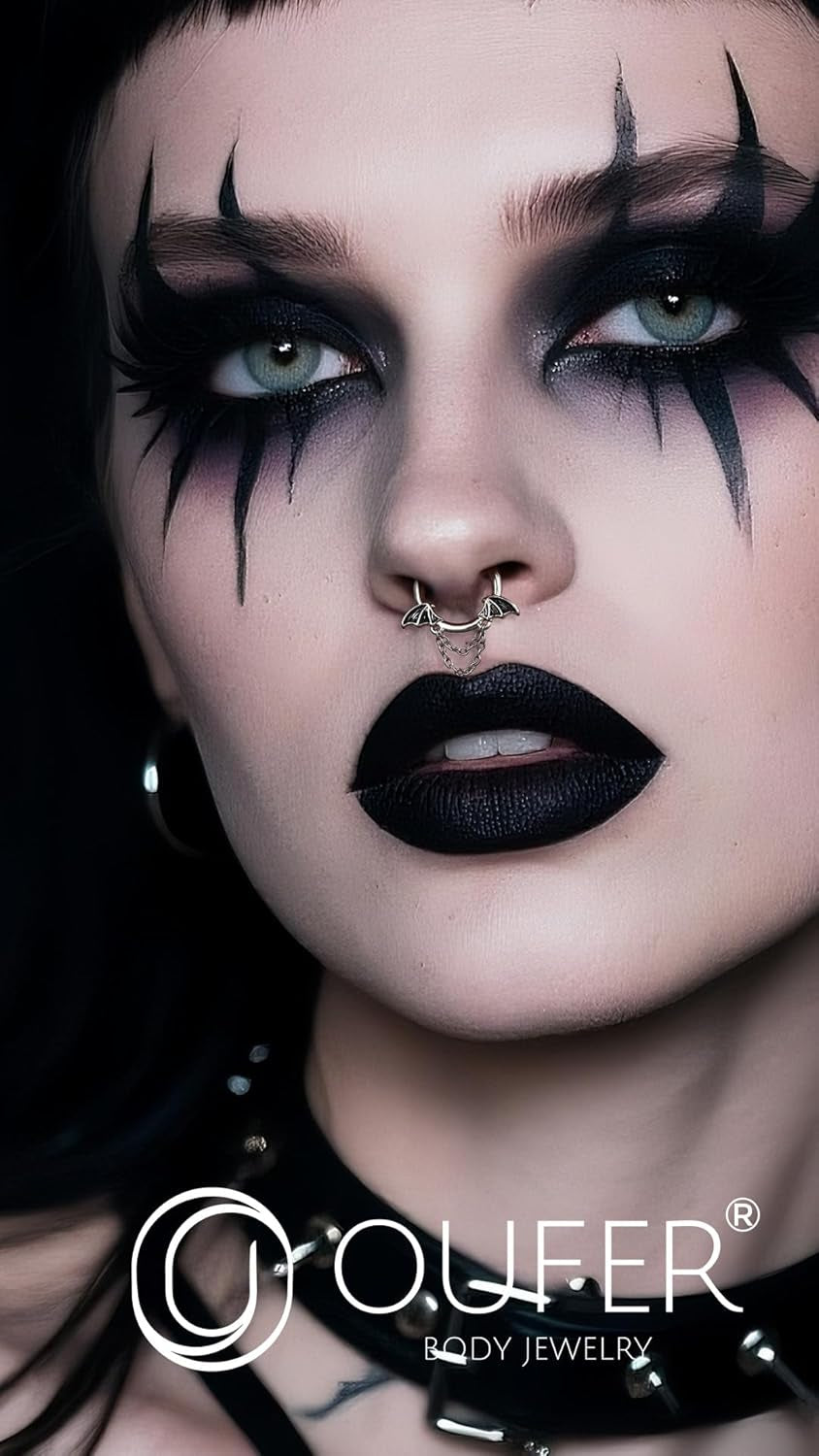 16G Halloween Septum Ring Bat Wing Chain Piercing Jewelry | Gothic Stainless Steel Nose Hoop for Women Men | 8MM 10MM Segment Ring for Vampire Cosplay