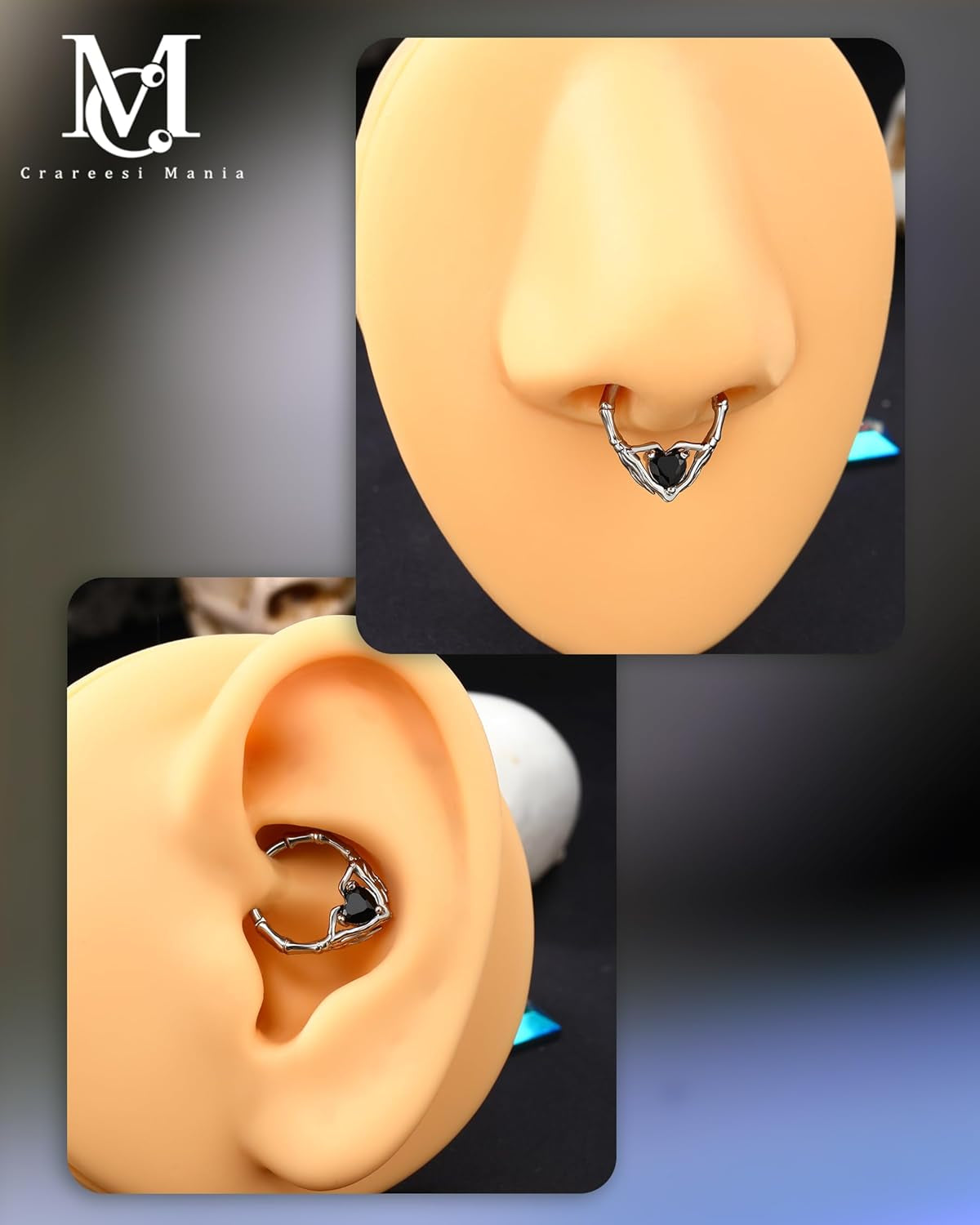 Skeleton Hand Septum Ring 316L Surgical Steel Septum Piercing Jewelry 16G Heart CZ Daith Earrings 10Mm Gothic Helix Cartilage Piercing Jewelry for Halloween