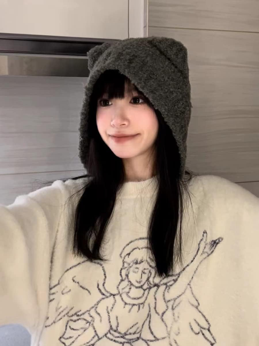 Fairy Grunge Beanie Y2K Bear Ears Hat Crochet Slouchy Hat Winter Warm Knitted Alt Headwear Accessories