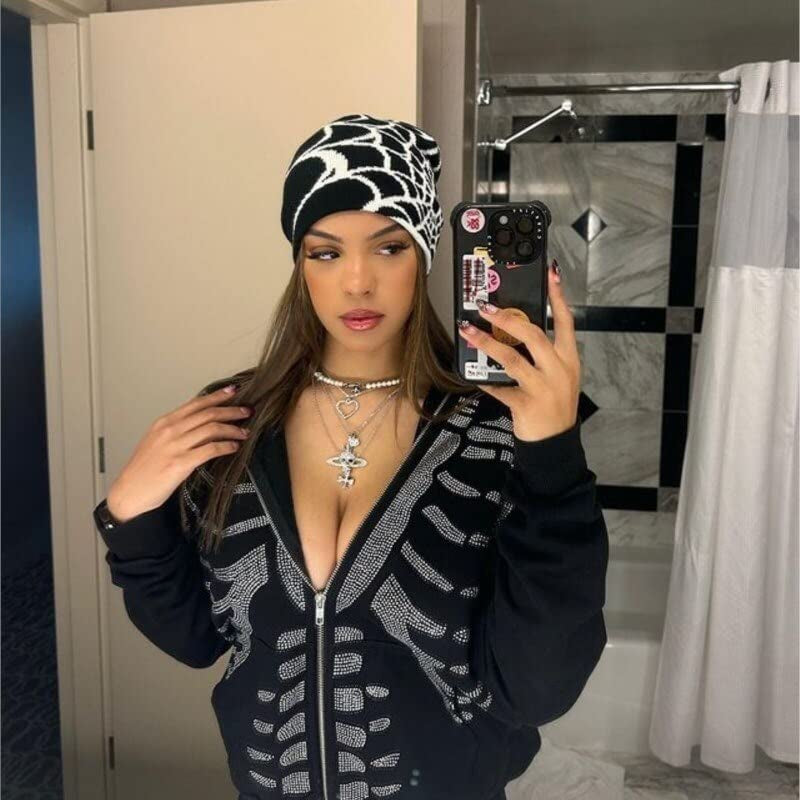 Y2K Gothic Spider Pattern Wool Acrylic Knitted Hat Women Beanie Winter Warm Beanies Men Casual Skullies Outdoor Black