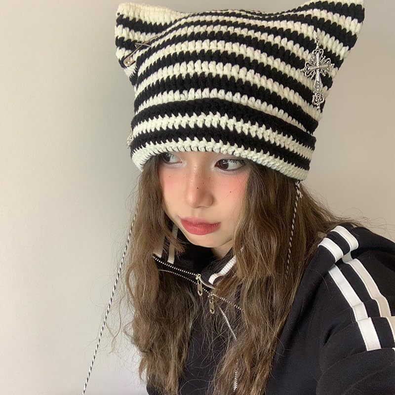Grunge Beanies Crochet Knitted Hats for Women Girls Fox Cat Ear Goth Emo Alt Y2K Accessories Grunge Clothes