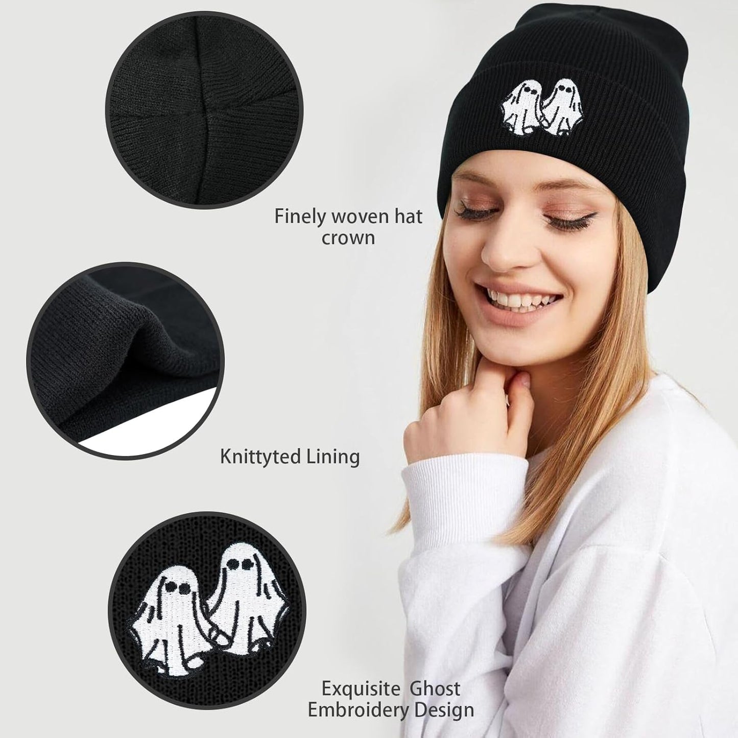 Ghost Beanie Hat Black, Cute Funny Goth Embroidery Winter Knit Skull Cap for Adult Men Women