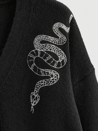 Snake & Moon Embroidered V-Neck Cardigan - Noctura