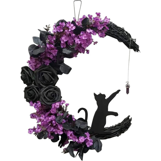 Halloween Wreath for Front Door Halloween Moon Wreath with Mini Black Cat Grapevine Wreath Halloween Door Wreath Decorations for Home Party Indoor Outdoor-14"