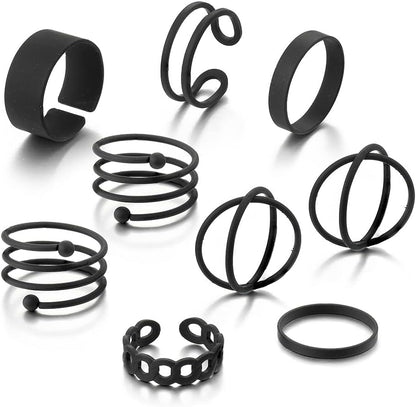 Black Knuckle Rings Set for Women Vintage Stackable Midi Rings Boho Crystal Pearl Sea Wave Finger Ring Pack