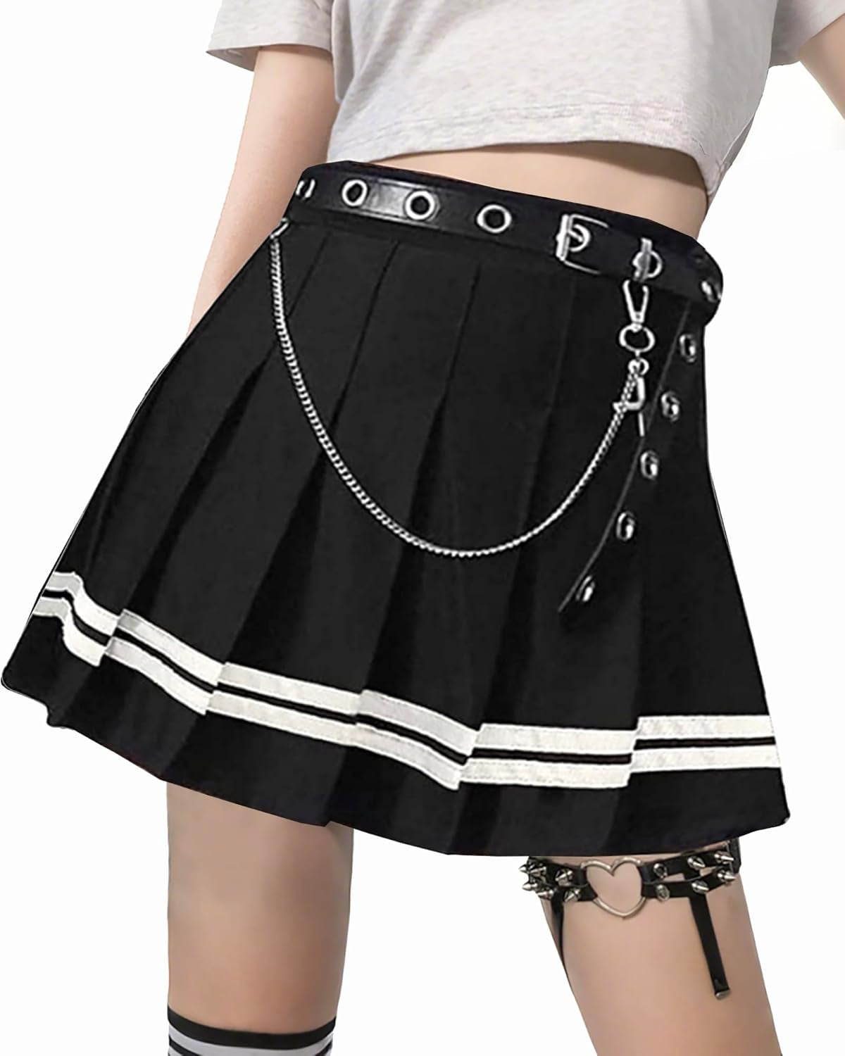 Womens Black Mini Pleated Skirts Goth High Waist a Line Punk Skirt School Uniform Short Skirts with Belt Noctura