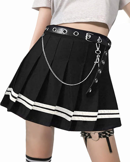 Womens Black Mini Pleated Skirts Goth High Waist a Line Punk Skirt School Uniform Short Skirts with Belt Noctura