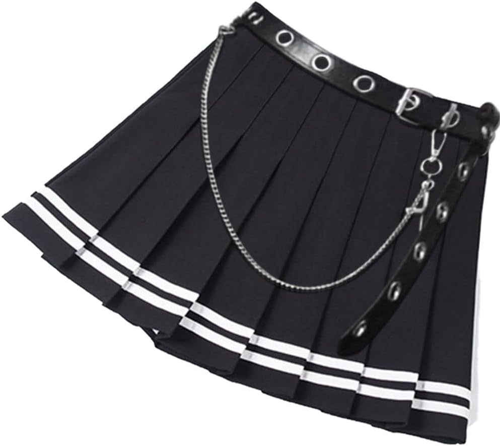 Womens Black Mini Pleated Skirts Goth High Waist a Line Punk Skirt School Uniform Short Skirts with Belt Noctura
