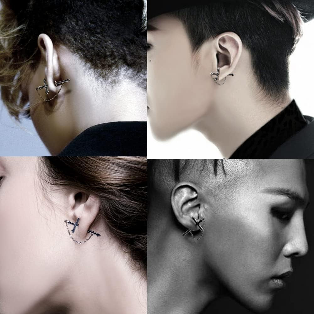 16 Pairs Stainless Steel Punk Y2K Black Dangle Earrings for Men, Axe Skull Screw Cone Etc Huggie Hoop Long Chain Piercing Hoop Earrings Set for Unisex Earrings for Women