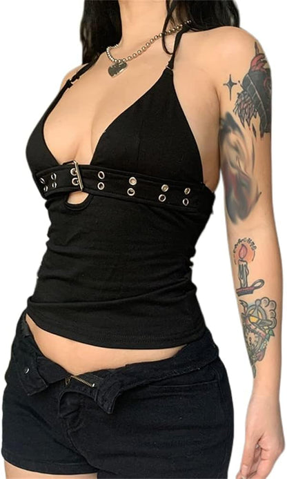 Sexy Punk Rock Halter Tank Tops for Women V Neck Goth Backless Tie Back Summer Y2K Gothic Buckle 70S Disco Tops