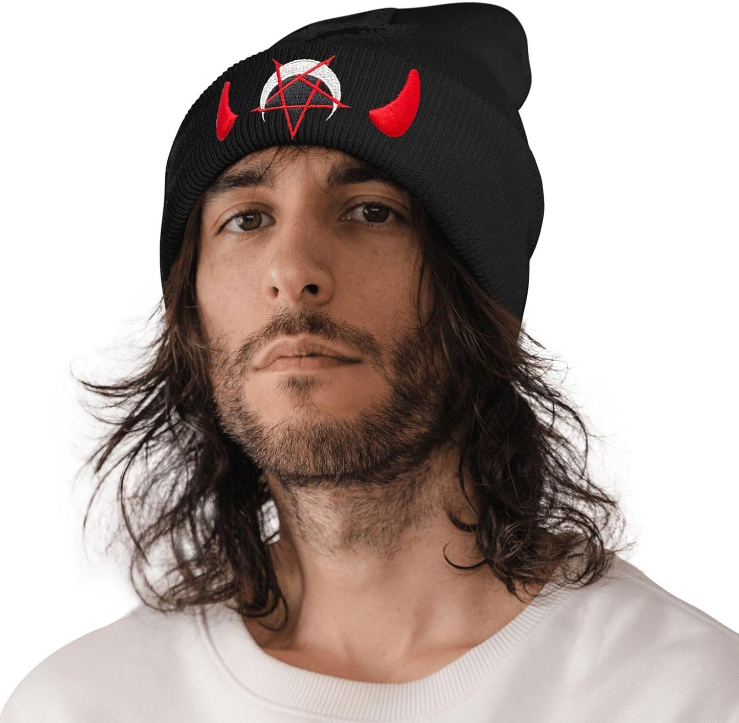 Spooky Horror Devil Horned Embroidery Beanie Knit Hat for Men Women, Casual Skull Knit Cap