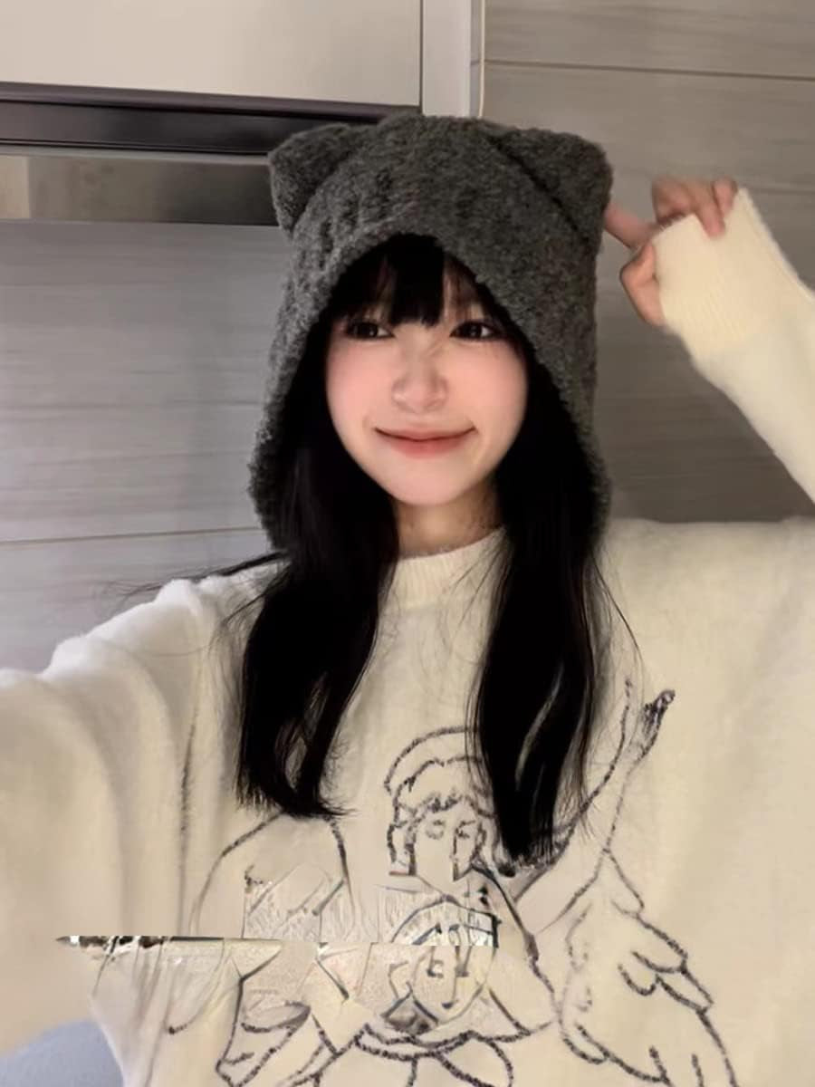 Fairy Grunge Beanie Y2K Bear Ears Hat Crochet Slouchy Hat Winter Warm Knitted Alt Headwear Accessories