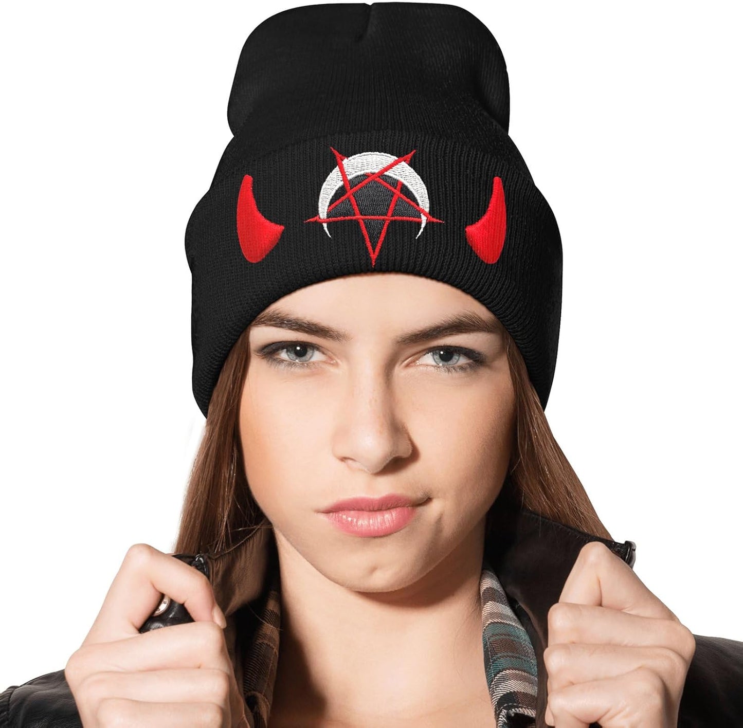 Spooky Horror Devil Horned Embroidery Beanie Knit Hat for Men Women, Casual Skull Knit Cap