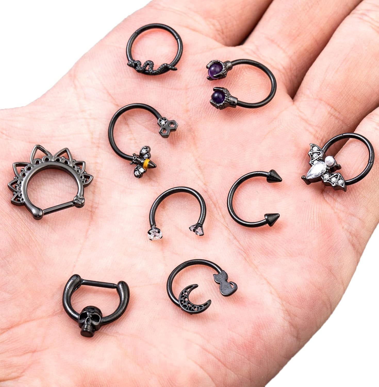 9 PCS 16G Stainless Steel Horseshoe Septum Rings for Women Cartilage Helix Tragus Earrings Daith Earrings Hoop Snake Bat Gothic Piercing Jewelry