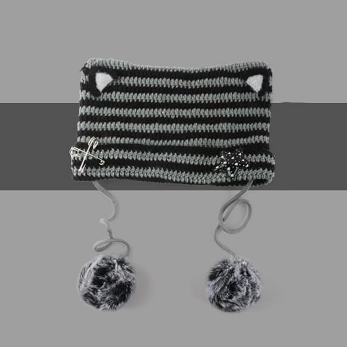 Women Kawaii Cat Ear Beanie Hat with Star Pom Poms Y2K Cute Crochet Goth Grunge Emo Alt Accessories Knit Slouchy Hat