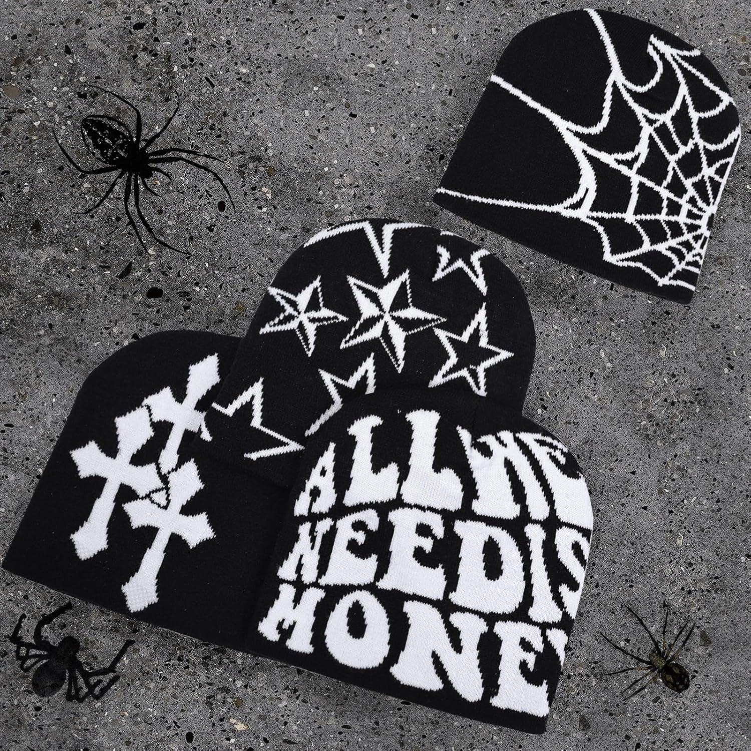 4 Pcs Y2K Beanie Spider Web Beanie, Winter Streetwear Headwear Knitted Hat Goth Graphic Beanies for Men Women Black