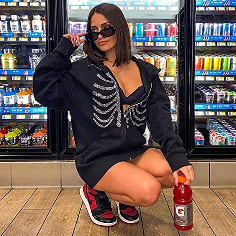 Women’s Skeleton Rhinestone Zip Hoodie 🦴