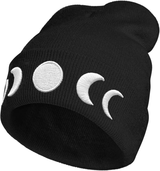 Moon Embroidery Beanie Knit Hat for Men Women, Casual Skull Knit Cap