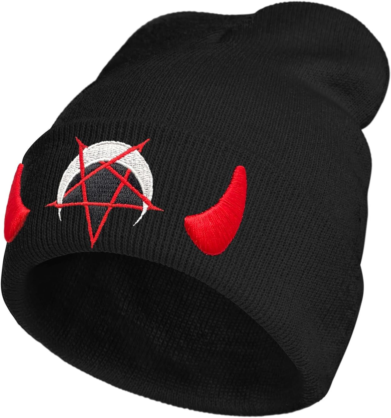 Spooky Horror Devil Horned Embroidery Beanie Knit Hat for Men Women, Casual Skull Knit Cap