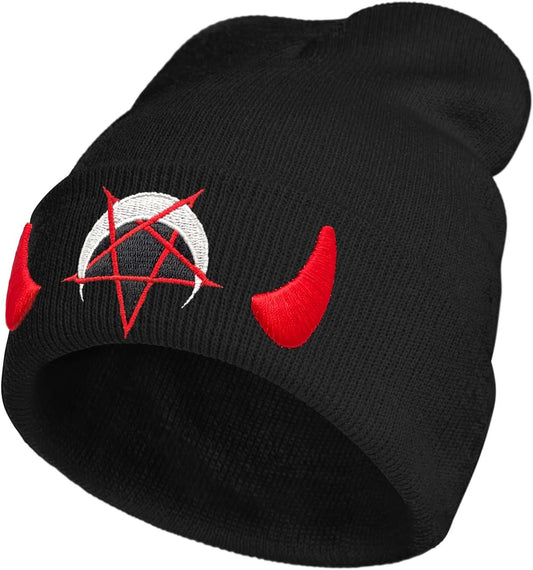 Spooky Horror Devil Horned Embroidery Beanie Knit Hat for Men Women, Casual Skull Knit Cap