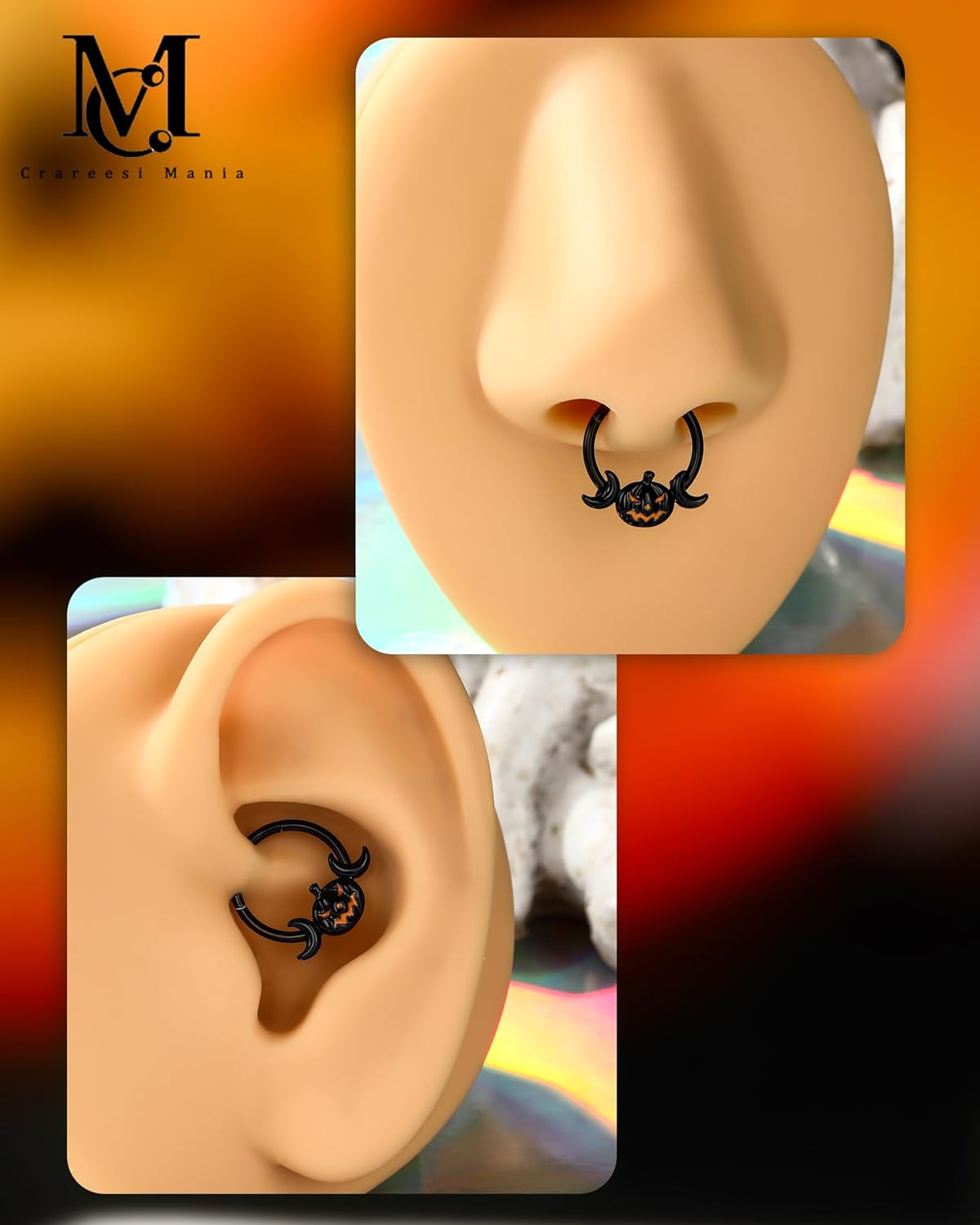 Pumpkin Septum Ring Halloween Segment Nose Ring Hoop 316L Surgical Steel Gothic Septum Piercing Jewelry Spooky Daith Earrings for Women Men