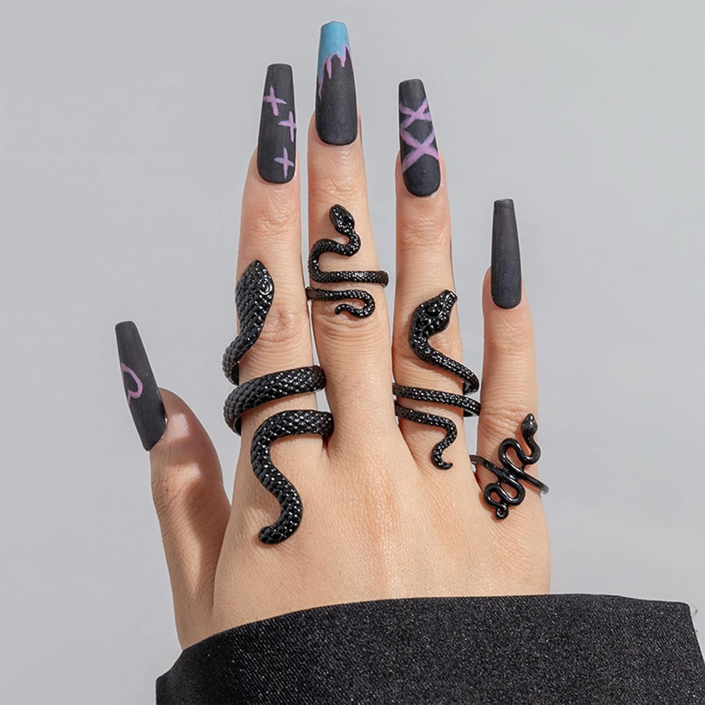 Snake Rings - Adjustable Punk Snake Jewelry Boho Stacking Rings Set - Vintage Goth Black Ring Jewelry