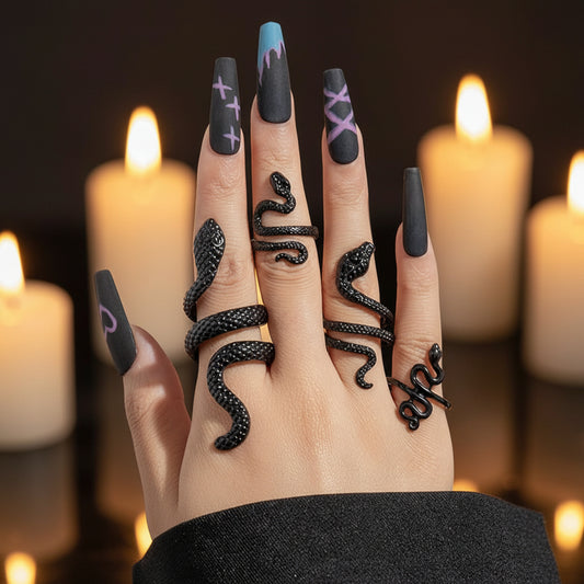 Snake Rings - Adjustable Punk Snake Jewelry Boho Stacking Rings Set - Vintage Goth Black Ring Jewelry