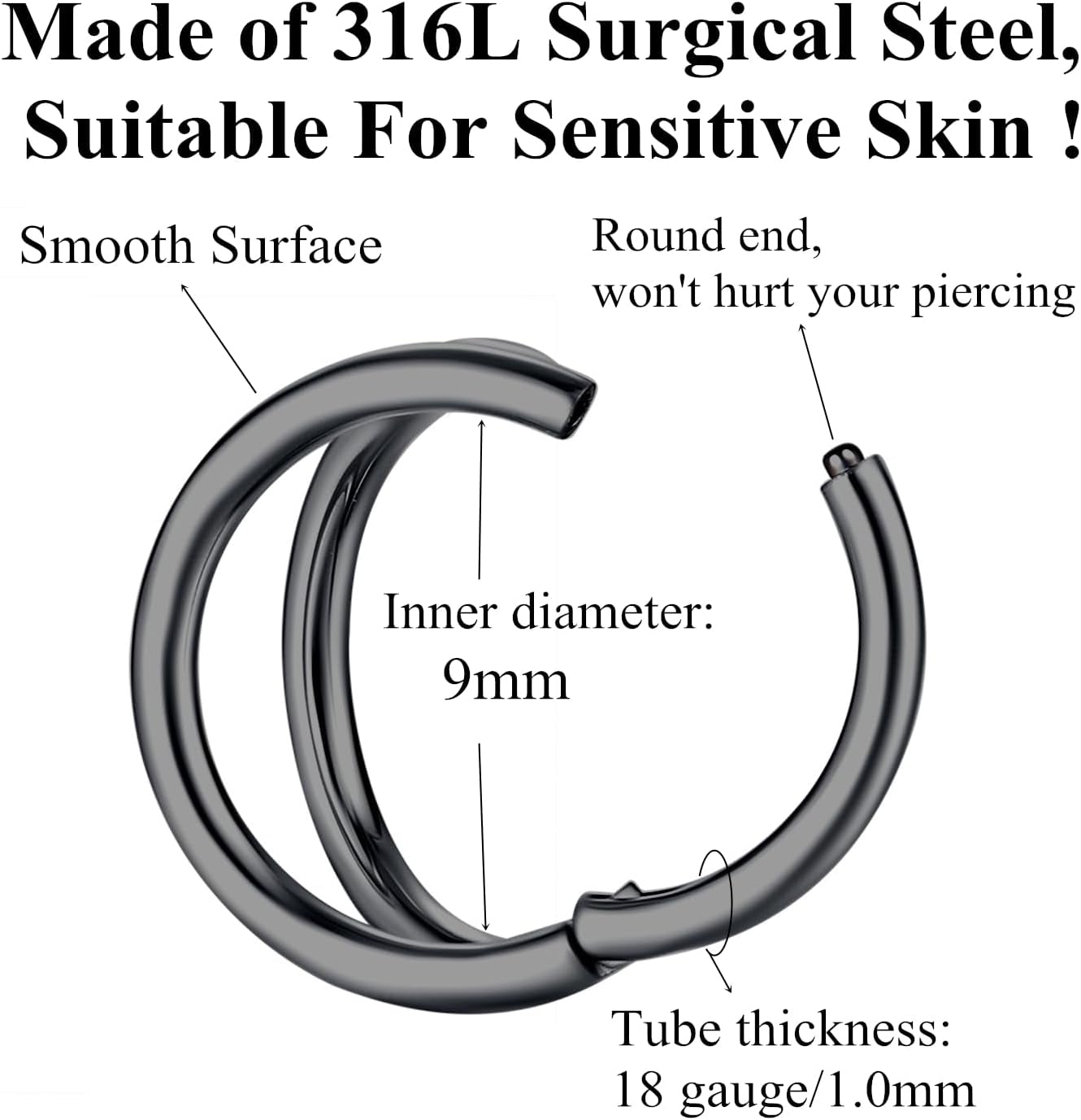 Double Hoop Nose Ring 18G 16G 316L Surgical Steel Cartilage Earring Septum Jewelry Seamless Hinged Clicker Segment Ring Conch Daith Tragus Helix Rook Piercing Earring Lip Ring