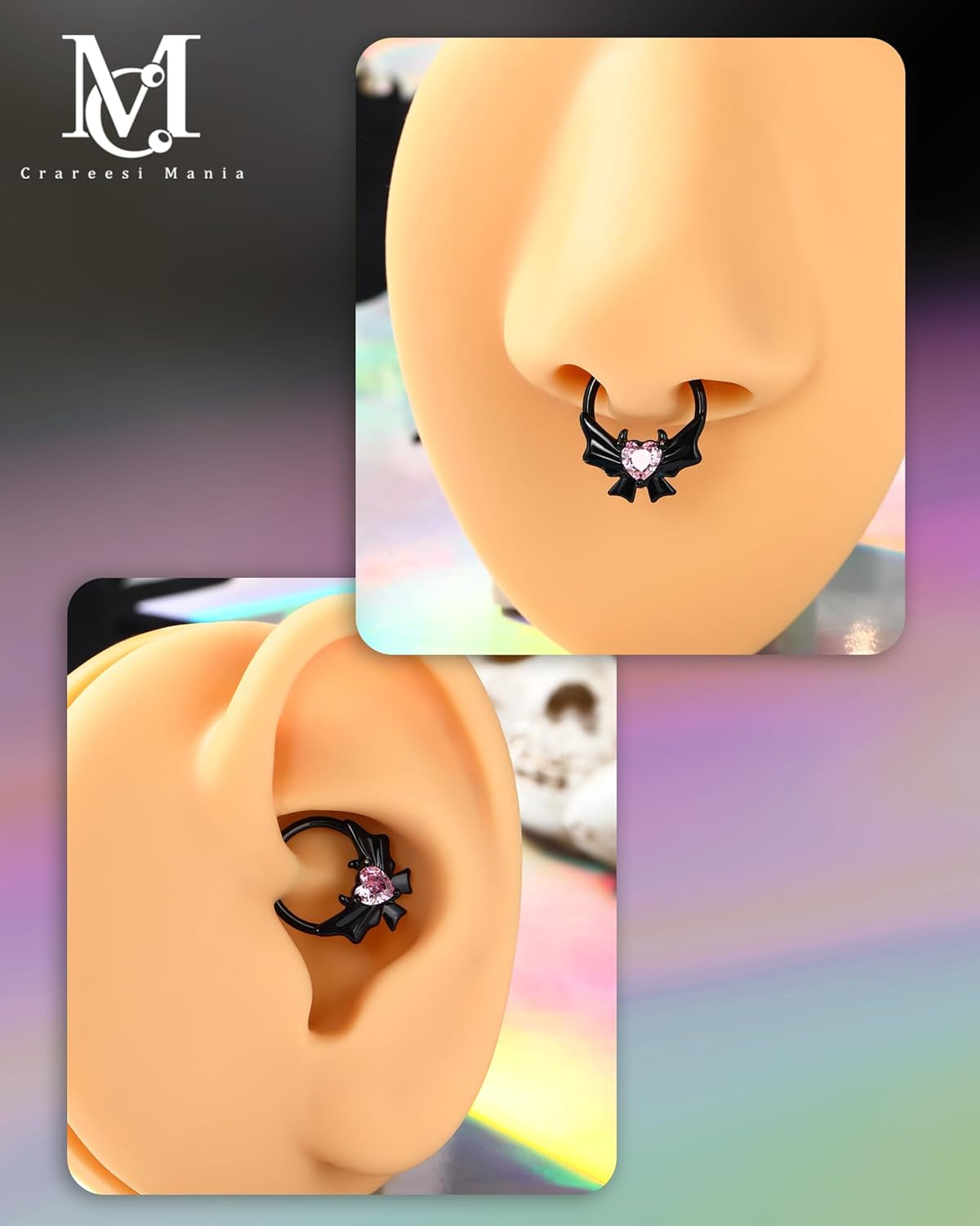 Heart Devil Septum Ring 316L Stainless Steel Gothic Cutie Demon Septum Piercing Jewelry 16G Blackpink Daith Earrings with Black Bow for Women