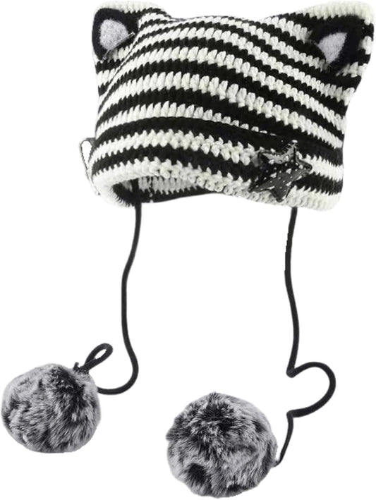 Cat Ear Beanie Y2K Hat, Women Girl Emo Crochet Striped Grunge Goth Star Pom Aesthetic Knit Kawaii Alt Cute Slouchy Skull Cap
