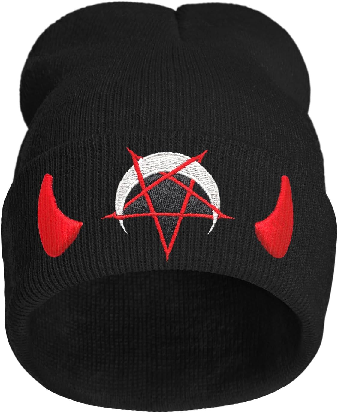 Spooky Horror Devil Horned Embroidery Beanie Knit Hat for Men Women, Casual Skull Knit Cap