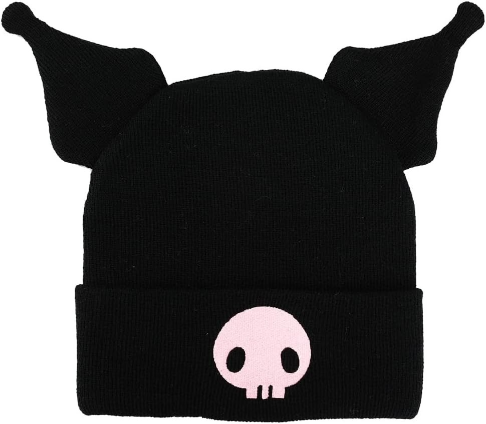 Kuromi Cuffed Knitted Embroidered Logo with 3D Plush Ears Beanie Hat Black