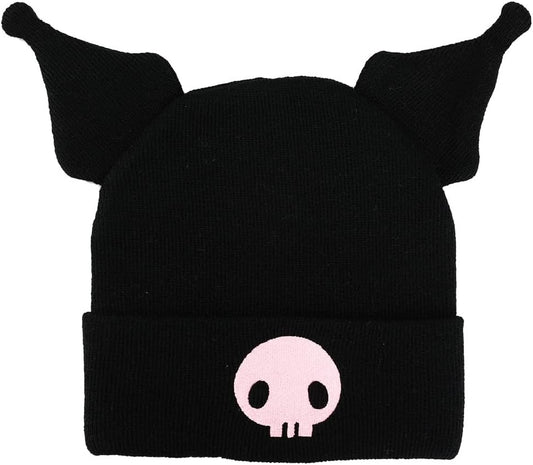 Kuromi Cuffed Knitted Embroidered Logo with 3D Plush Ears Beanie Hat Black
