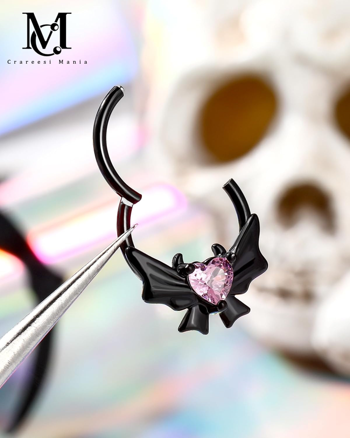 Heart Devil Septum Ring 316L Stainless Steel Gothic Cutie Demon Septum Piercing Jewelry 16G Blackpink Daith Earrings with Black Bow for Women