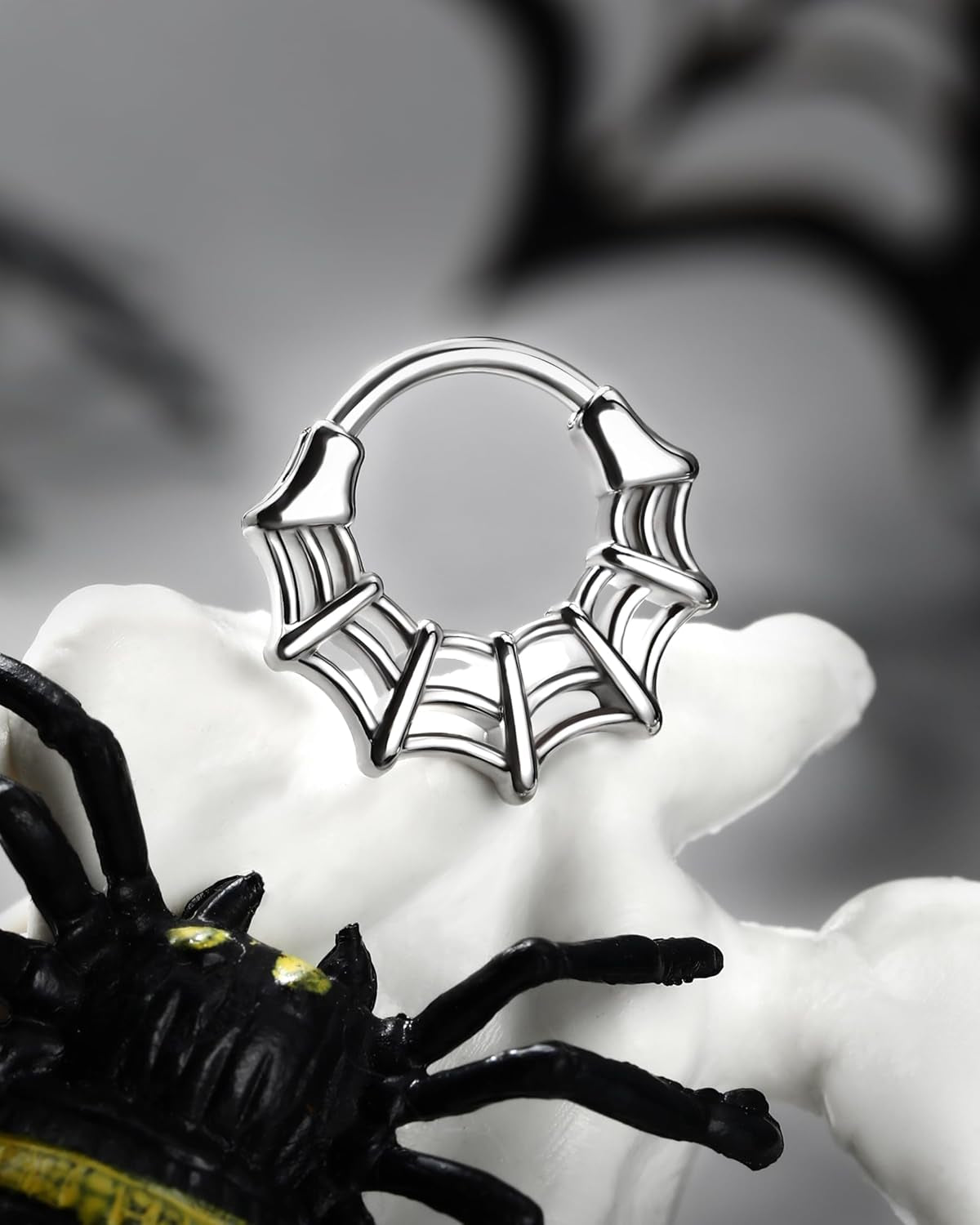 16G Septum Ring Spider Web Halloween Septum Nose Rings Silver Black Daith Earrings for Women 316L Stainless Steel Daith Piercing Jewelry