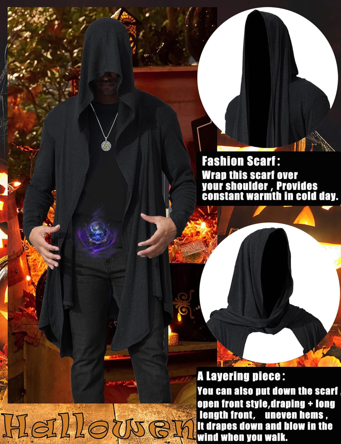 Men’s Hooded Cardigan – Ruffle Shawl Drape Cape