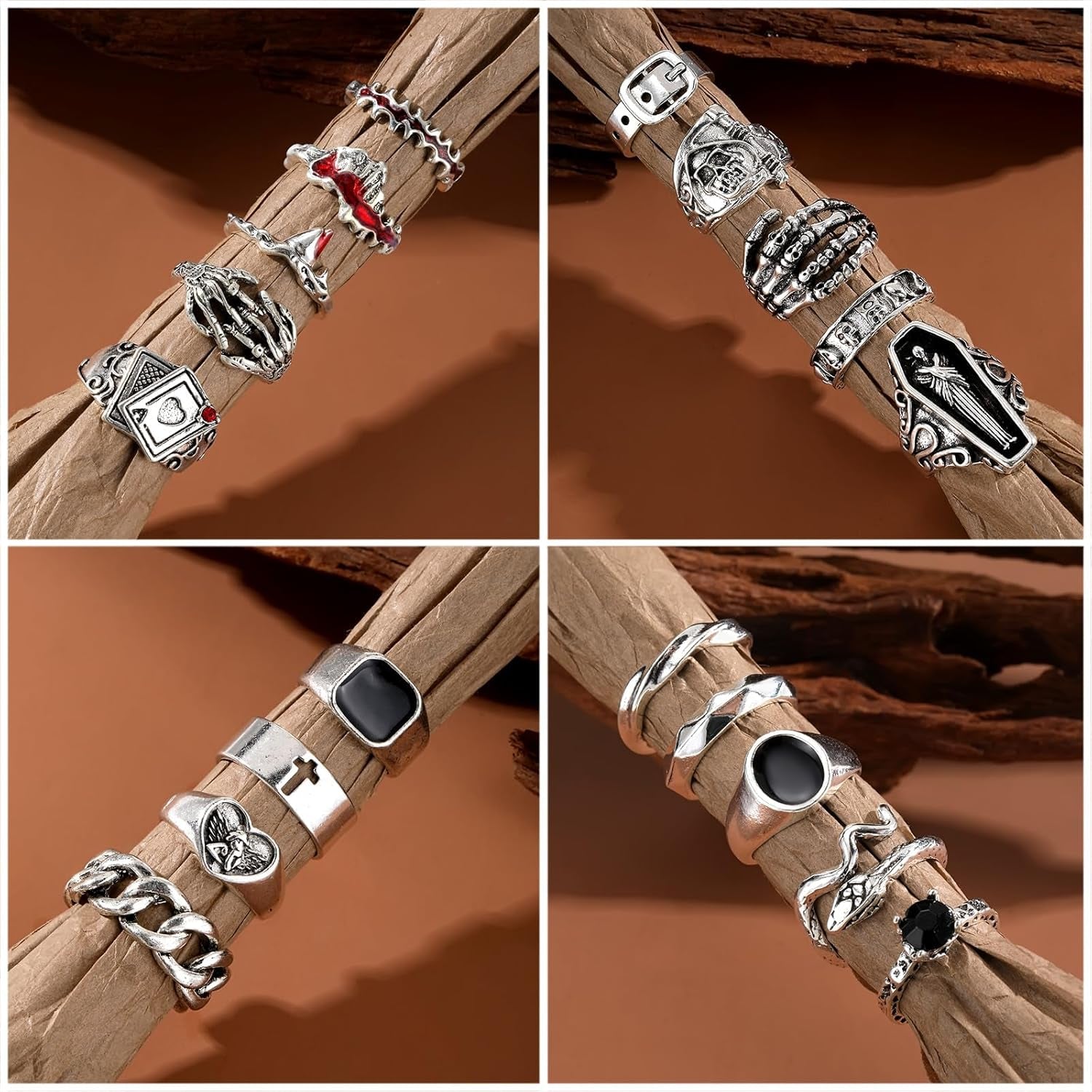 Vintage Silver Stackable Rings – Skull & Serpent Set