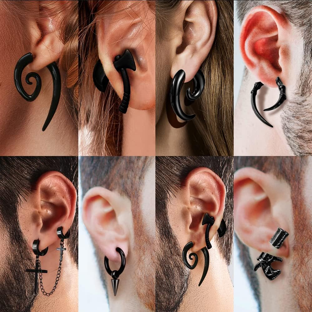 16 Pairs Stainless Steel Punk Y2K Black Dangle Earrings for Men, Axe Skull Screw Cone Etc Huggie Hoop Long Chain Piercing Hoop Earrings Set for Unisex Earrings for Women
