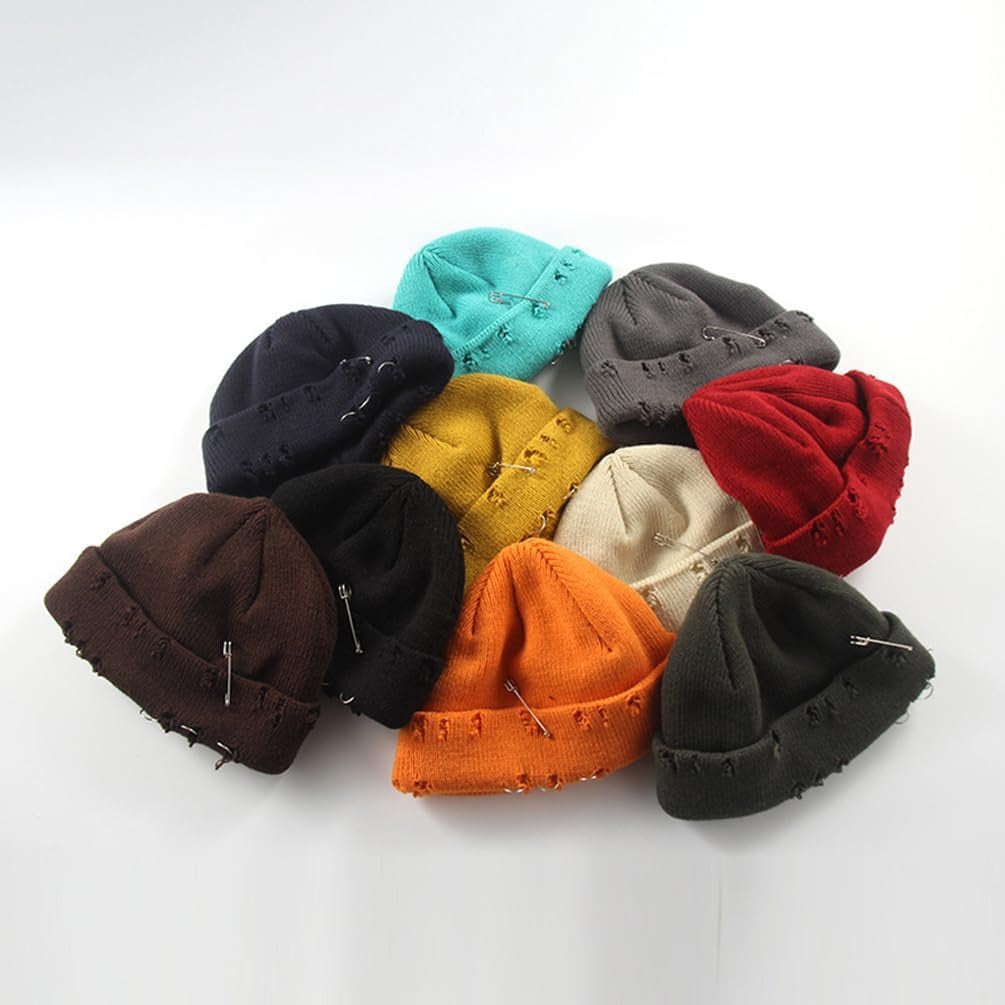 Distressed Ring Beanie Hat Unisex Fashion Hip-Hop Slouchy Knitted Skull Caps