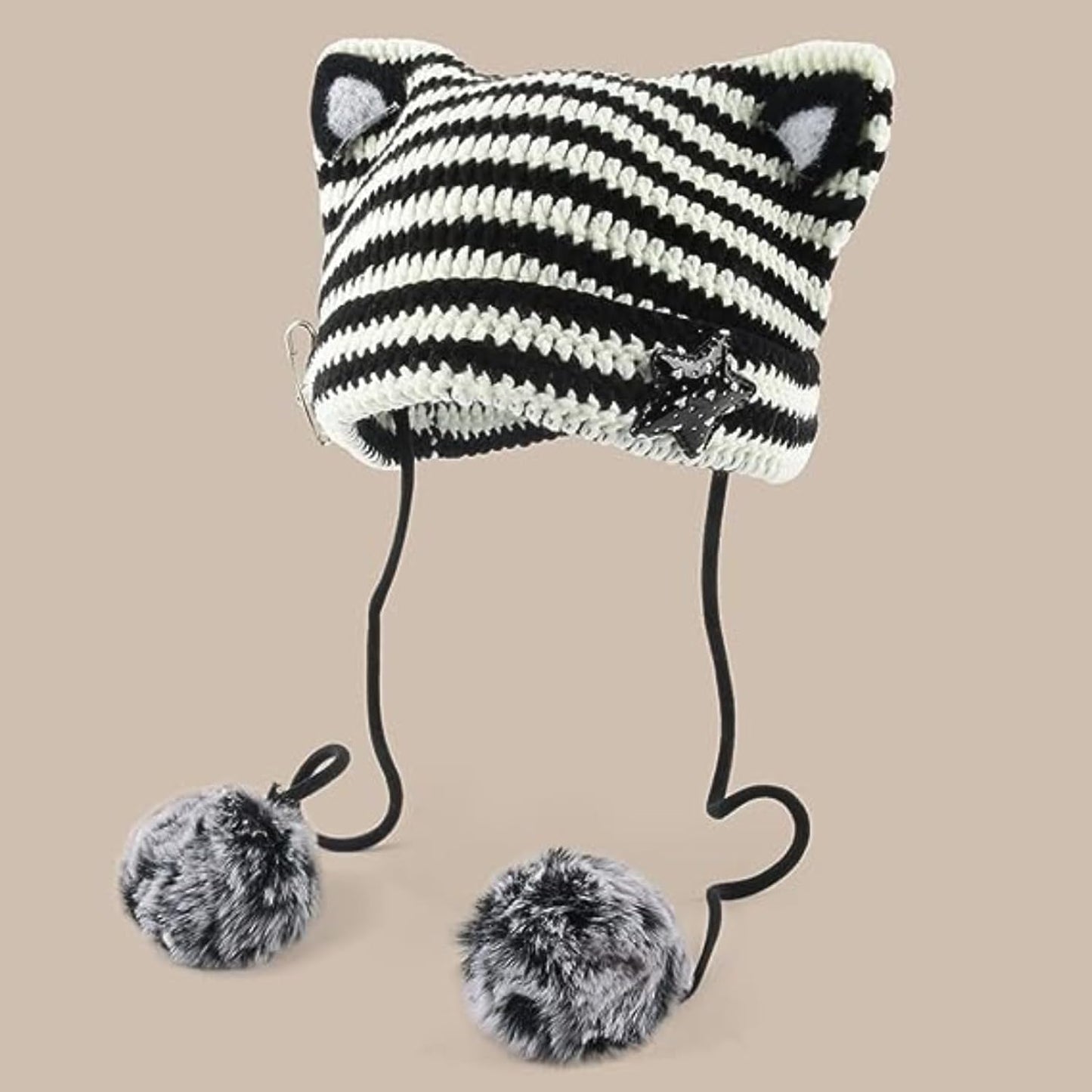 Cat Ear Beanie Y2K Hat, Women Girl Emo Crochet Striped Grunge Goth Star Pom Aesthetic Knit Kawaii Alt Cute Slouchy Skull Cap