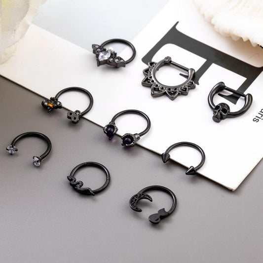9 PCS 16G Stainless Steel Horseshoe Septum Rings for Women Cartilage Helix Tragus Earrings Daith Earrings Hoop Snake Bat Gothic Piercing Jewelry