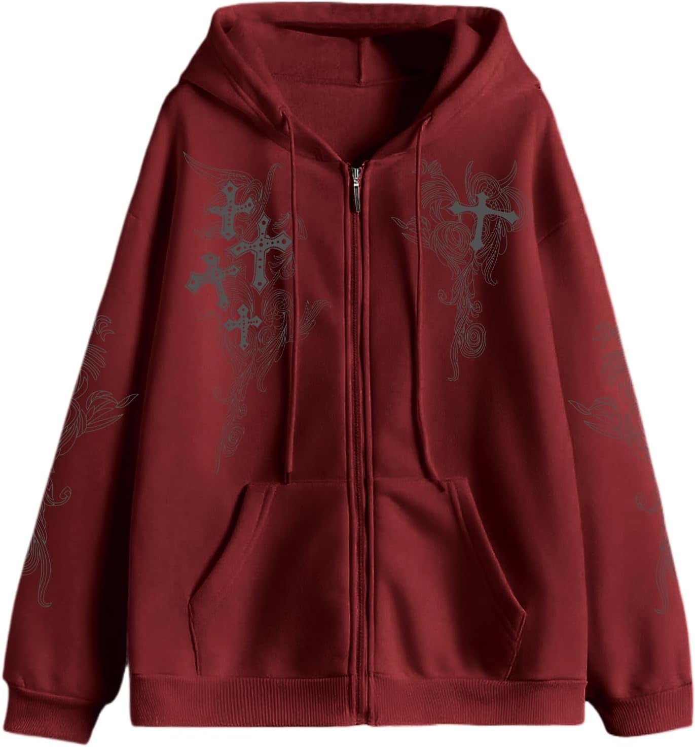 Y2K Gothic Zip Hoodie – Grunge Cross Streetwear