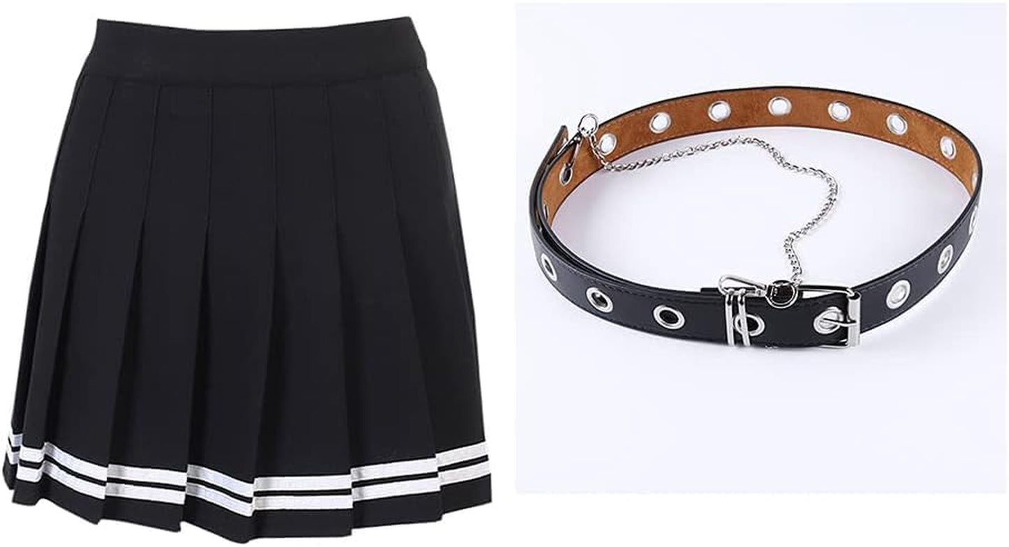 Womens Black Mini Pleated Skirts Goth High Waist a Line Punk Skirt School Uniform Short Skirts with Belt Noctura